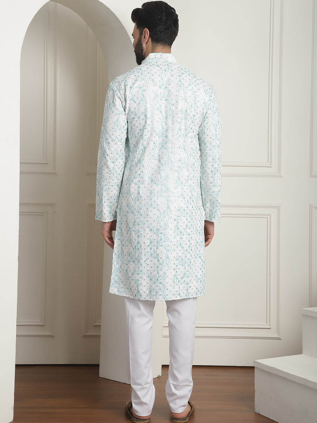 Men's Cotton Gold Sequinned White & Green Kurta with White churidaar Pyjama