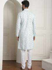 Men's Cotton Gold Sequinned White & Green Kurta with White churidaar Pyjama