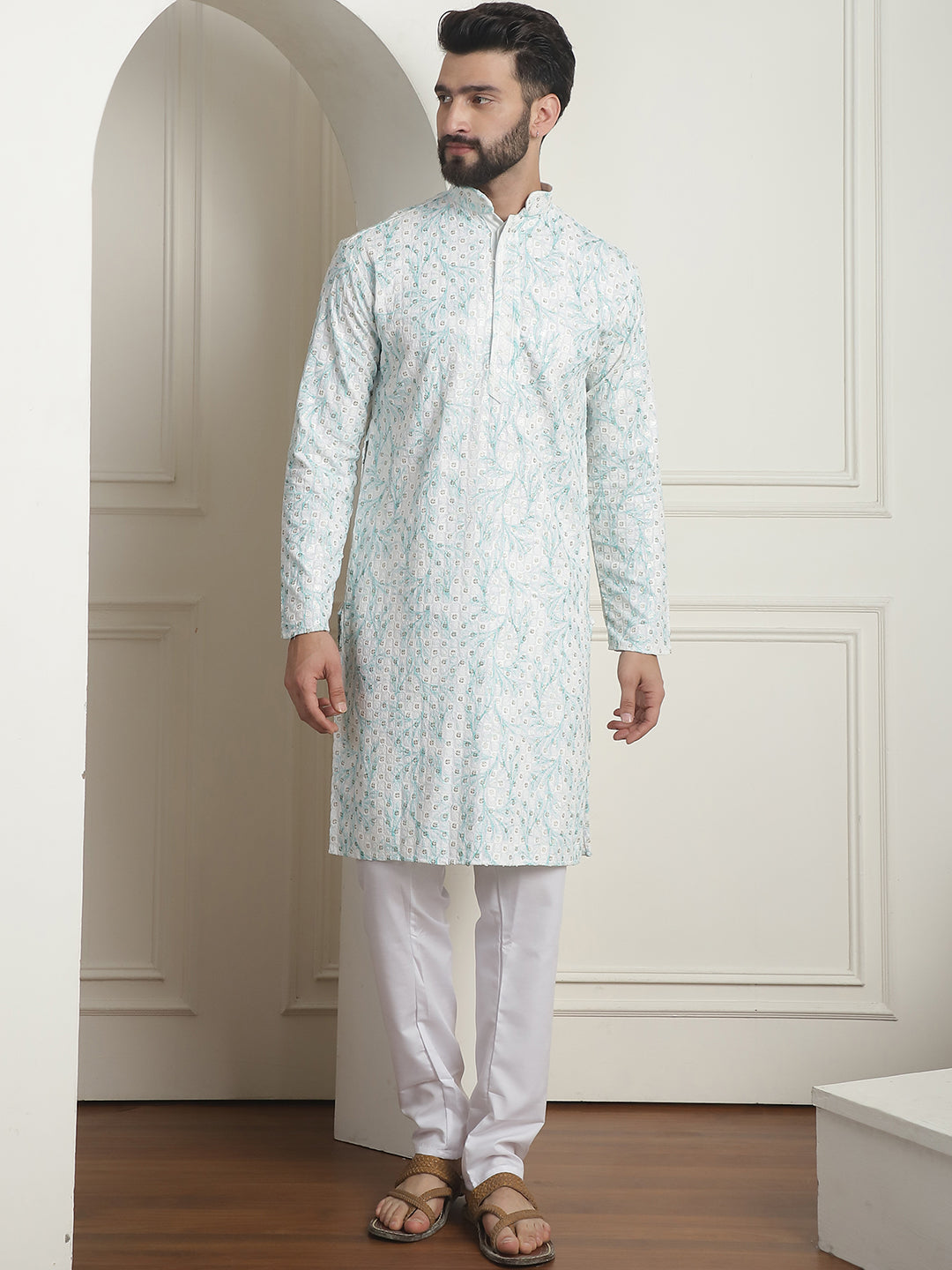 Men's Cotton Gold Sequinned White & Green Kurta with White churidaar Pyjama