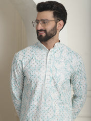 Men's Cotton Gold Sequinned White & Green Kurta with White churidaar Pyjama