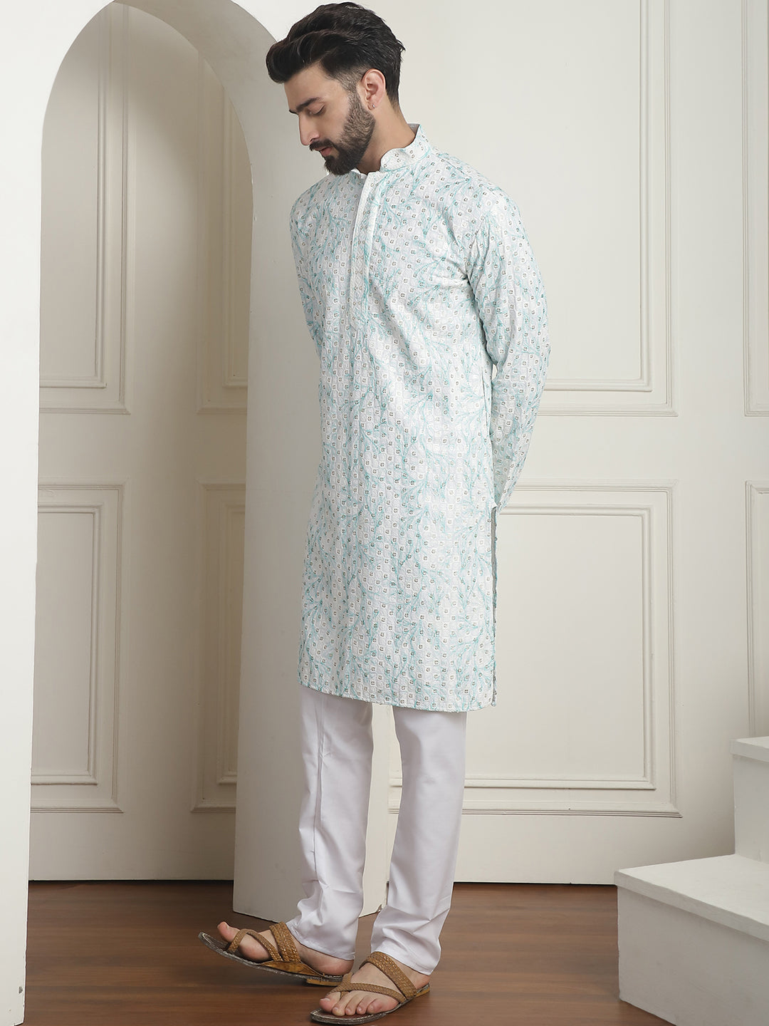 Men's Cotton Gold Sequinned White & Green Kurta with White churidaar Pyjama