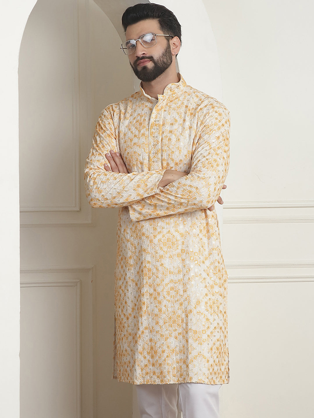 Men's Cotton Gold Sequinned Embroidered Cream & Mustard Kurta