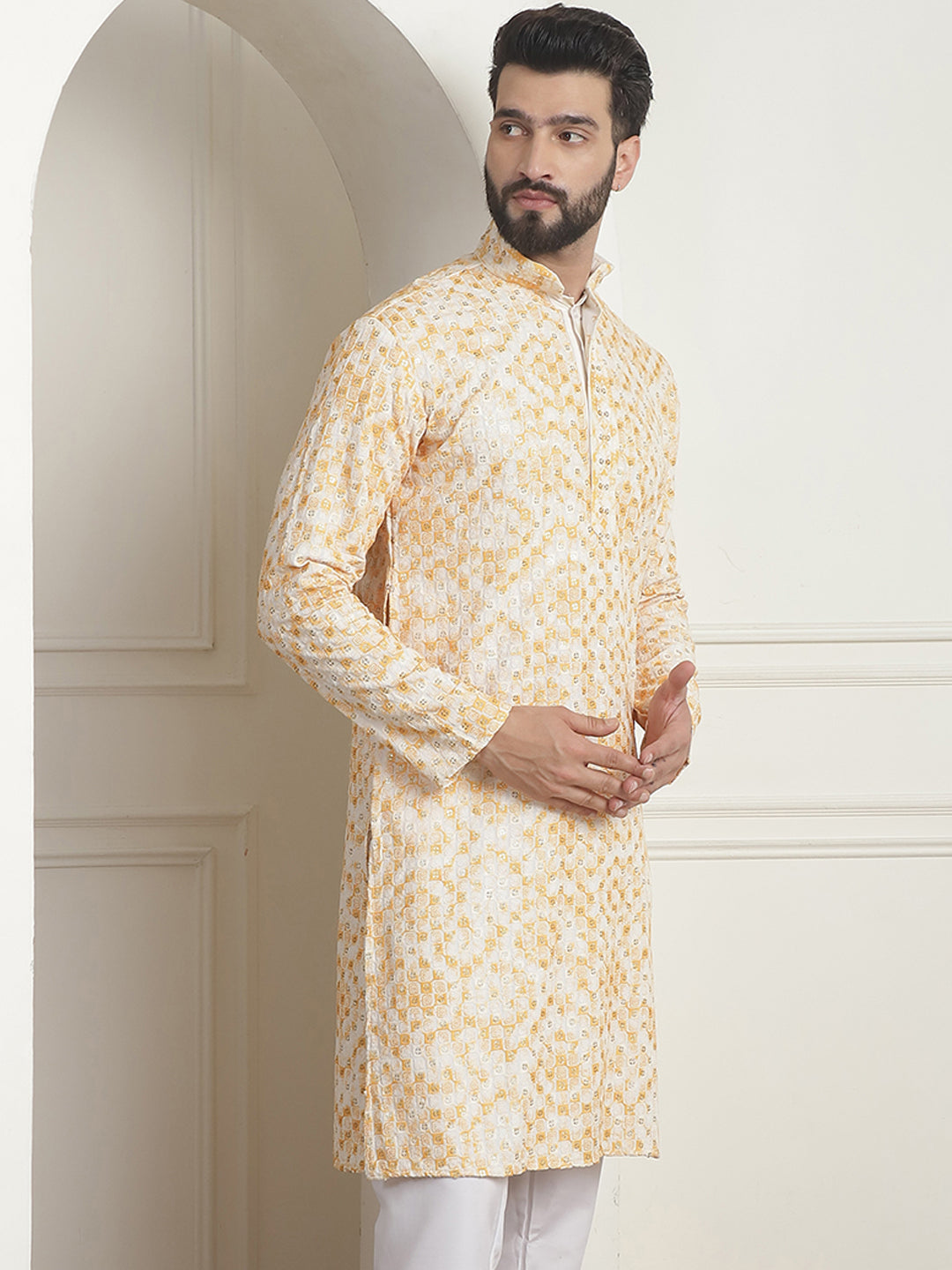 Men's Cotton Gold Sequinned Embroidered Cream & Mustard Kurta