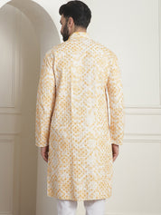 Men's Cotton Gold Sequinned Embroidered Cream & Mustard Kurta