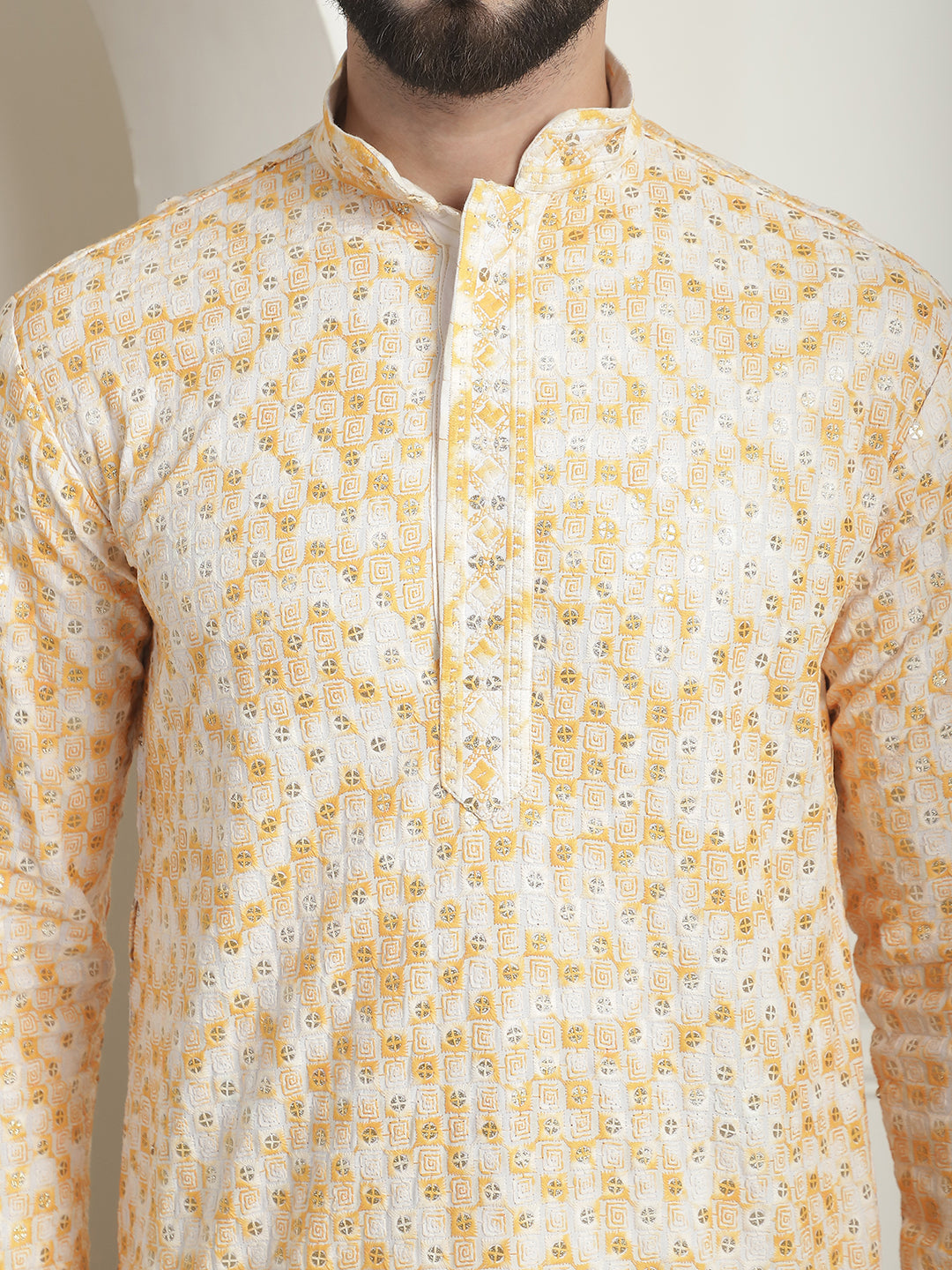 Men's Cotton Gold Sequinned Embroidered Cream & Mustard Kurta