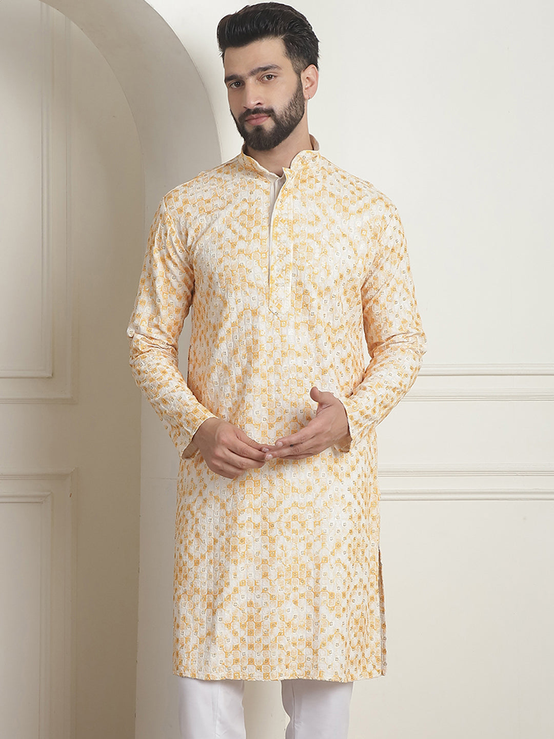 Men's Cotton Gold Sequinned Embroidered Cream & Mustard Kurta