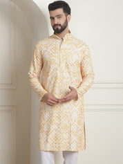 Men's Cotton Gold Sequinned Embroidered Cream & Mustard Kurta