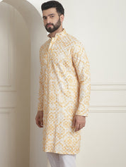 Men's Cotton Gold Sequinned Embroidered Cream & Mustard Kurta