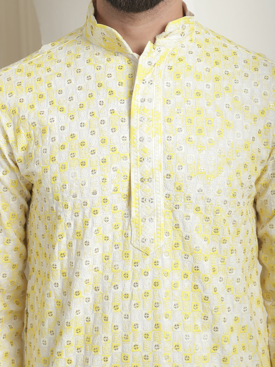 Men's Cotton Gold Sequinned White & Yellow Kurta with White churidaar Pyjama