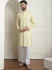 Men's Cotton Gold Sequinned White & Yellow Kurta with White churidaar Pyjama