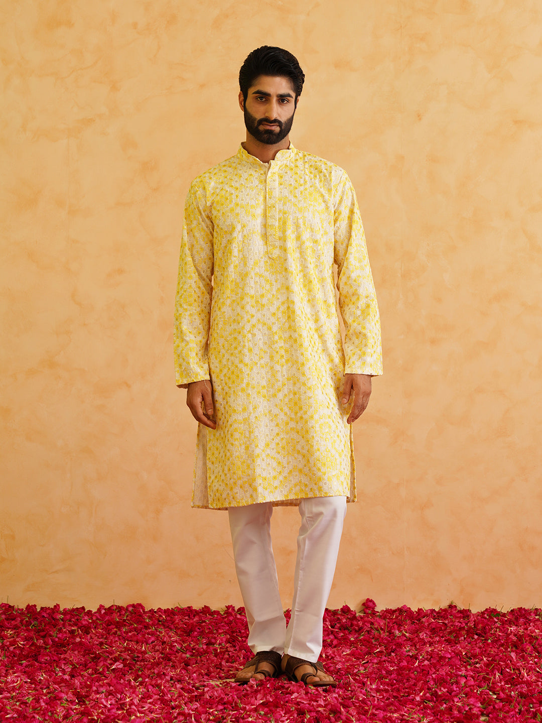 Men's Cotton Gold Sequinned Embroidered White & Yellow Kurta