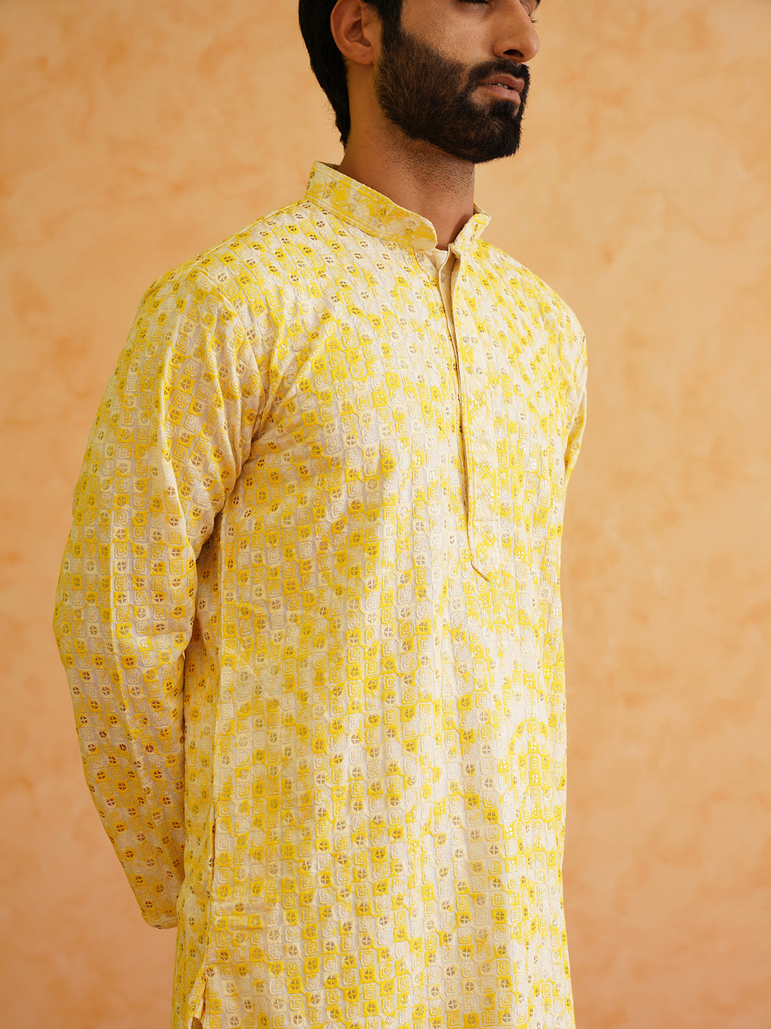 Men's Cotton Gold Sequinned Embroidered White & Yellow Kurta