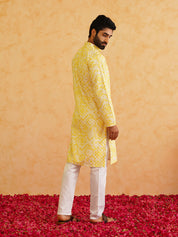 Men's Cotton Gold Sequinned Embroidered White & Yellow Kurta