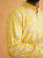 Men's Cotton Gold Sequinned Embroidered White & Yellow Kurta