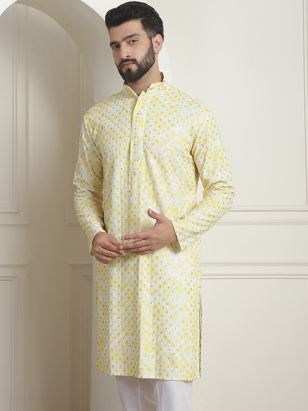 Men's Cotton Gold Sequinned Embroidered White & Yellow Kurta
