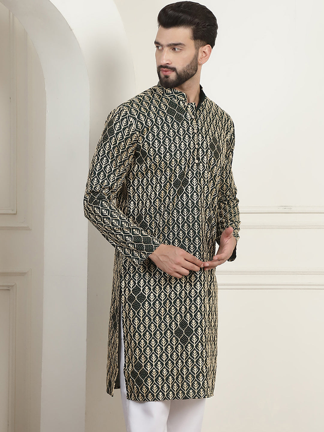 Men's Cotton Gold Thread Embroidered Green Kurta