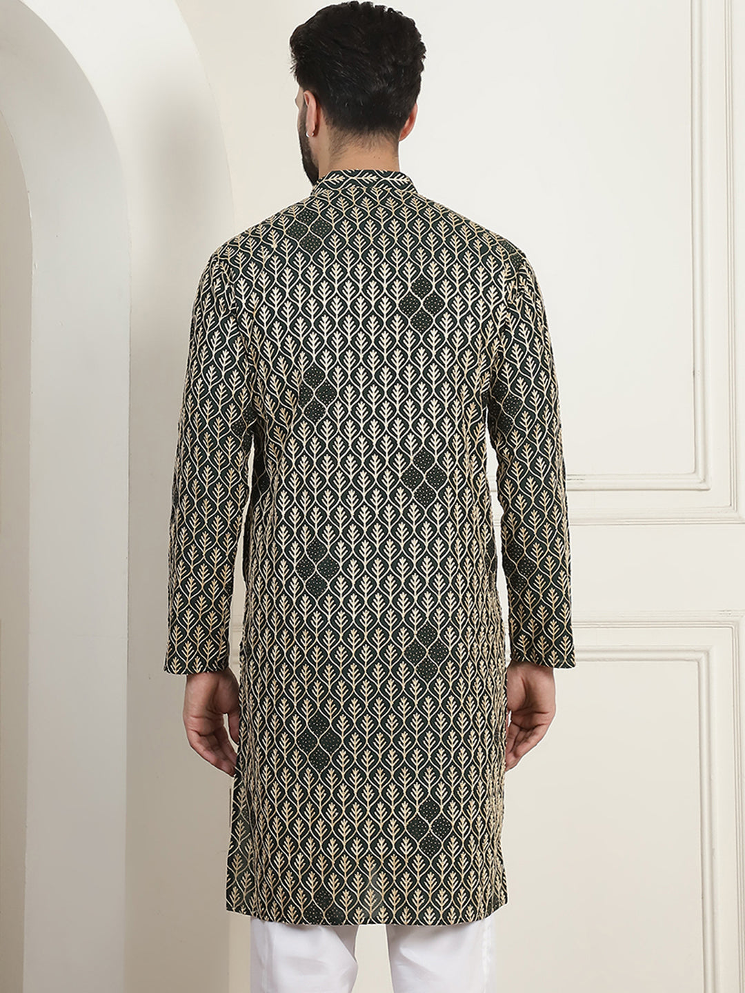 Men's Cotton Gold Thread Embroidered Green Kurta