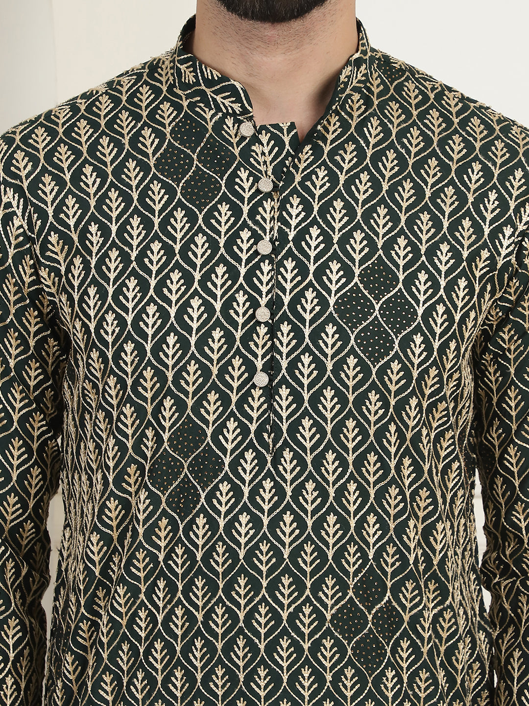 Men's Cotton Gold Thread Embroidered Green Kurta