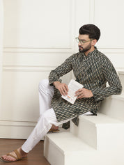 Men's Cotton Gold Thread Embroidered Green Kurta