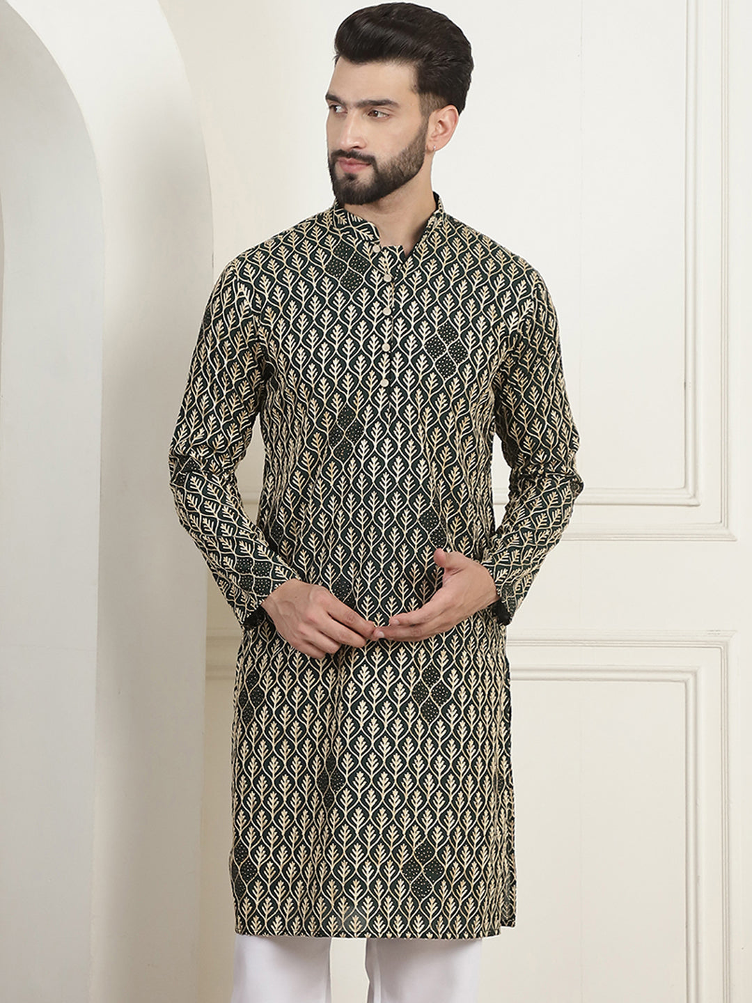 Men's Cotton Gold Thread Embroidered Green Kurta