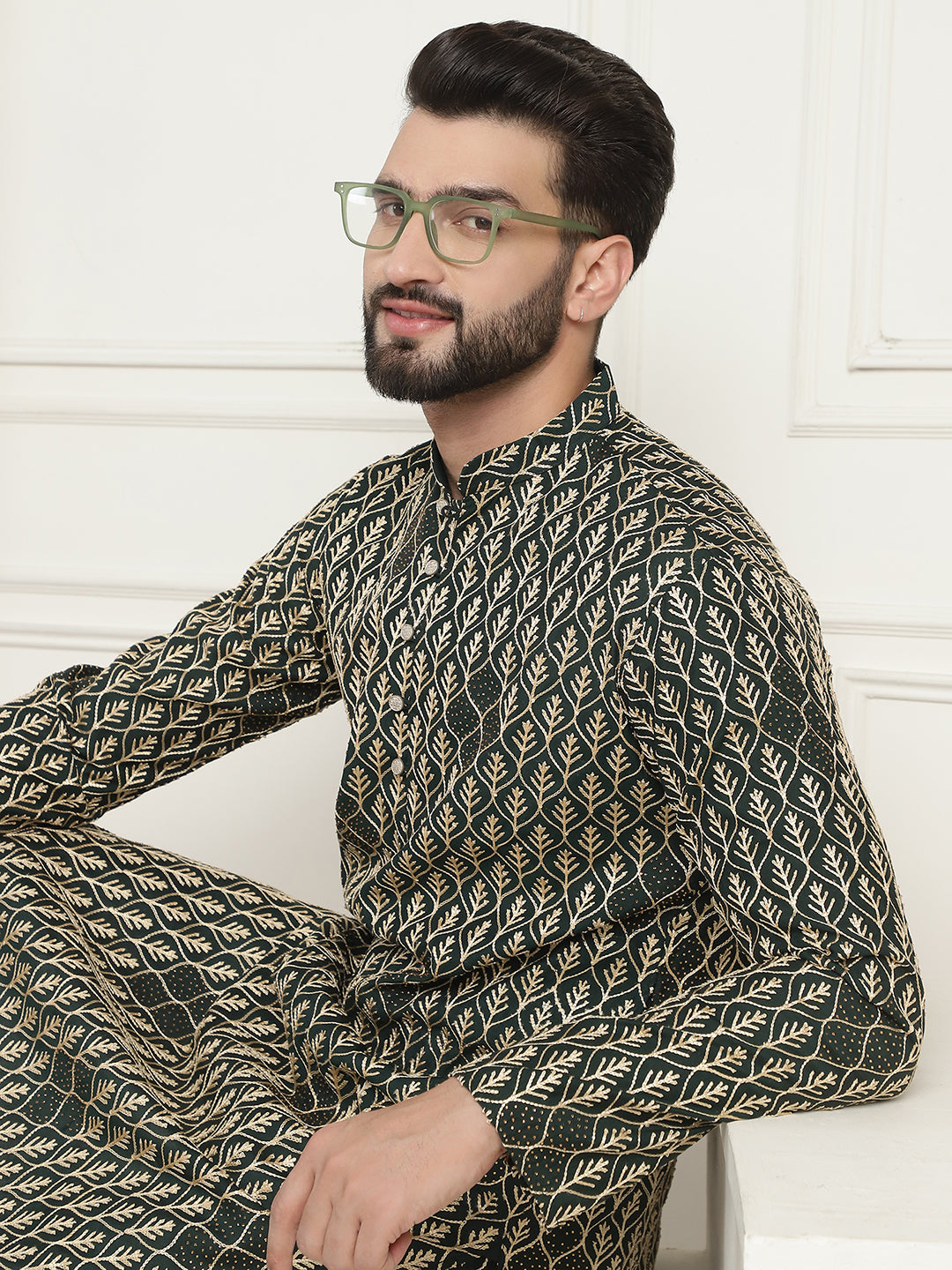 Men's Cotton Gold Thread Embroidered Green Kurta