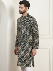 Men's Cotton Gold Thread Embroidered Green Kurta