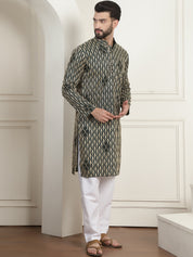 Men's Cotton Gold Thread Embroidered Green Kurta With Churidaar Pyjama