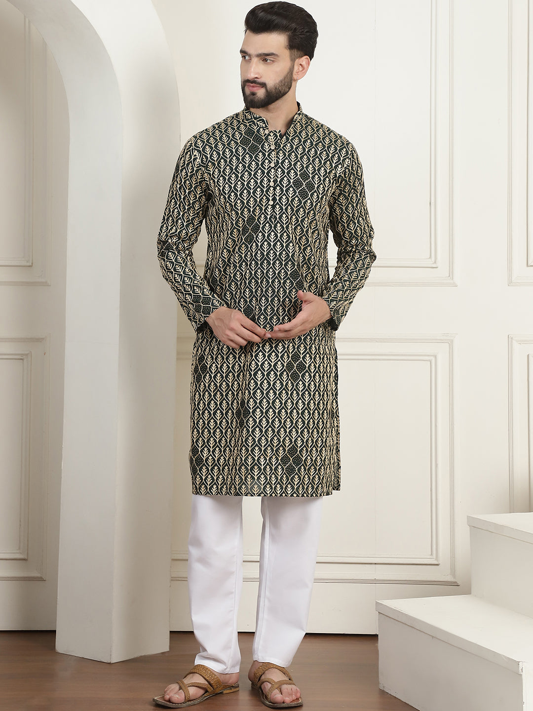 Men's Cotton Gold Thread Embroidered Green Kurta With Churidaar Pyjama
