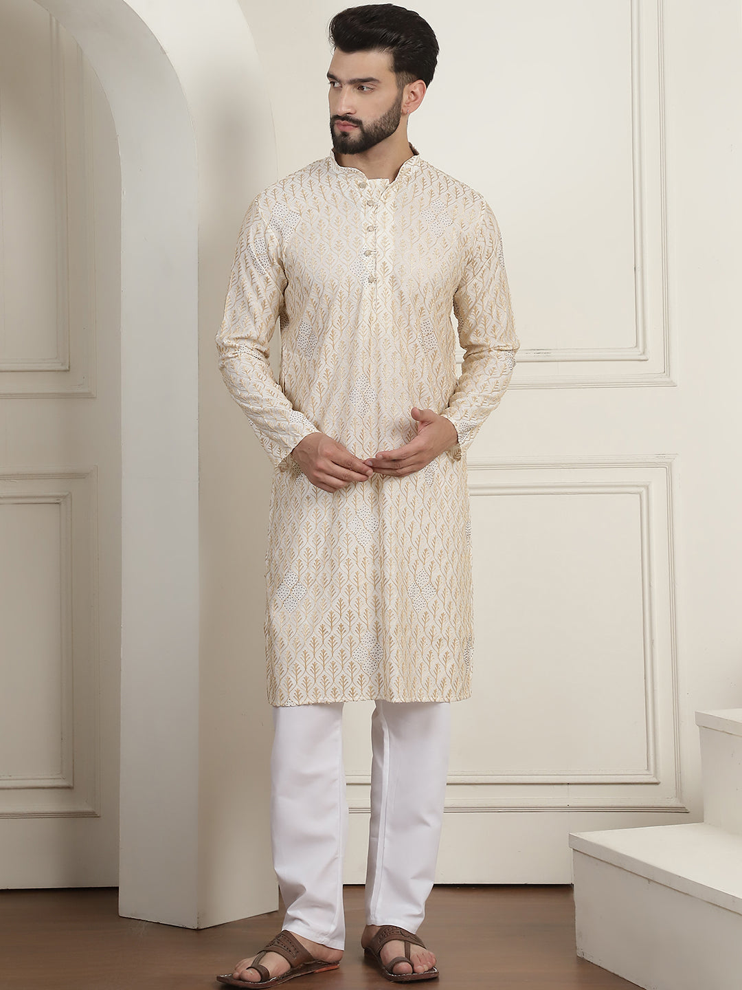 Men's Cotton Gold Thread Embroidered Cream Kurta With Churidaar Pyjama