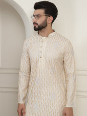 Men's Cotton Gold Thread Embroidered Cream Kurta With Churidaar Pyjama
