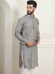 Men's Cotton Gold Thread Embroidered Light Grey Kurta