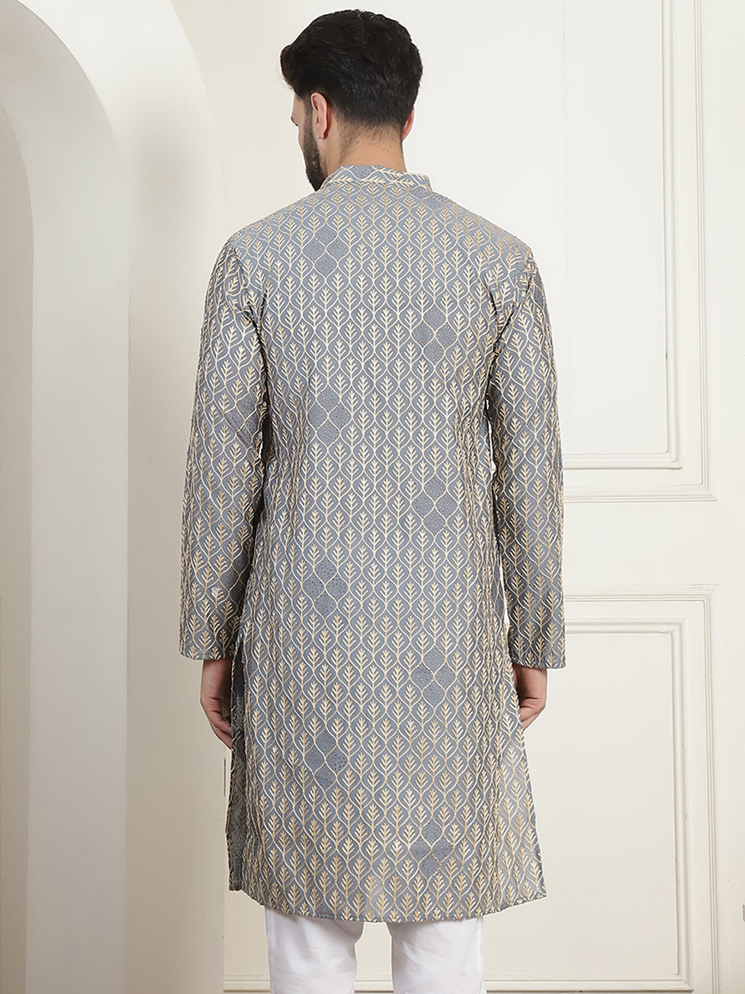 Men's Cotton Gold Thread Embroidered Light Grey Kurta