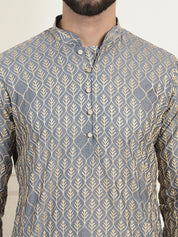 Men's Cotton Gold Thread Embroidered Light Grey Kurta