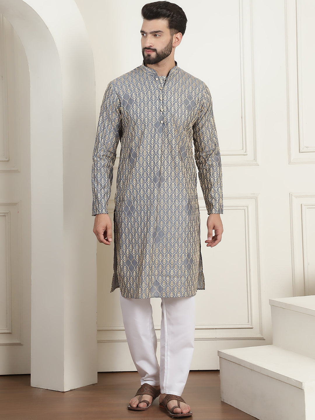 Men's Cotton Gold Thread Embroidered Light Grey Kurta