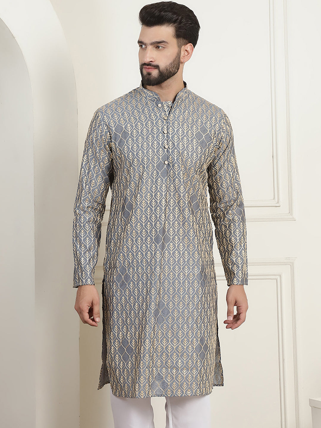 Men's Cotton Gold Thread Embroidered Light Grey Kurta