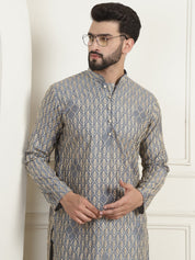 Men's Cotton Gold Thread Embroidered Light Grey Kurta