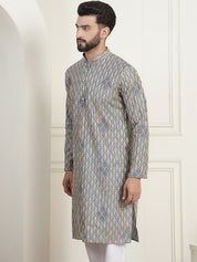 Men's Cotton Gold Thread Embroidered Light Grey Kurta