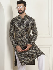 Men's Cotton Gold Thread Embroidered Black Kurta