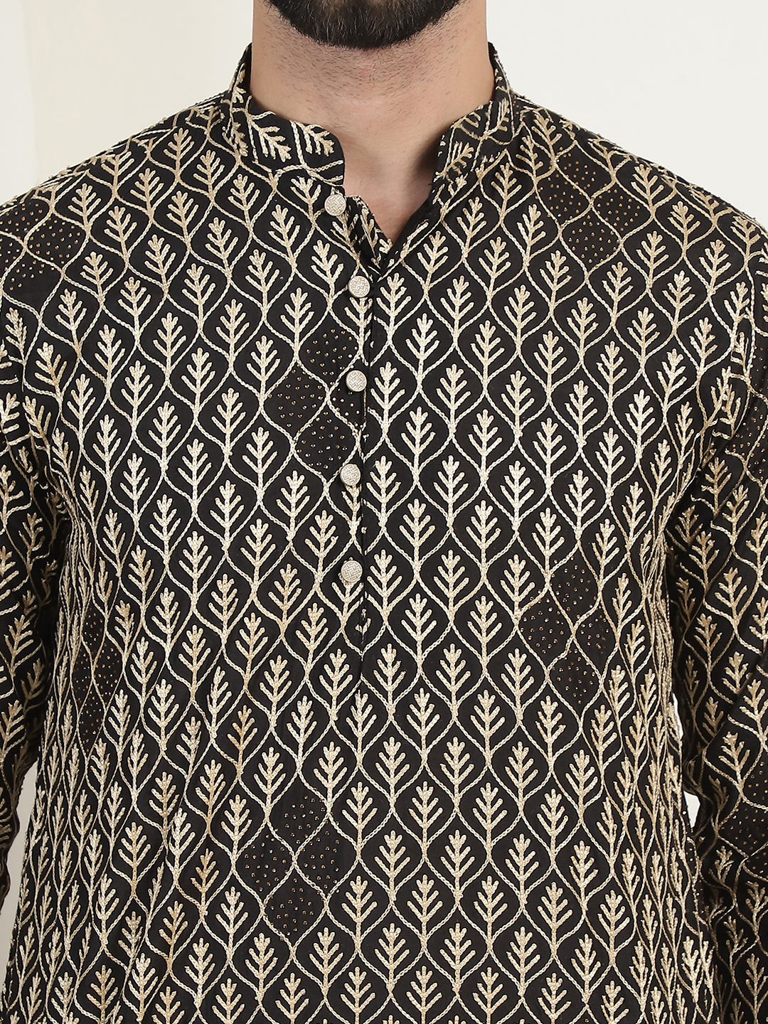 Men's Cotton Gold Thread Embroidered Black Kurta