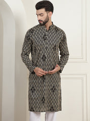 Men's Cotton Gold Thread Embroidered Black Kurta