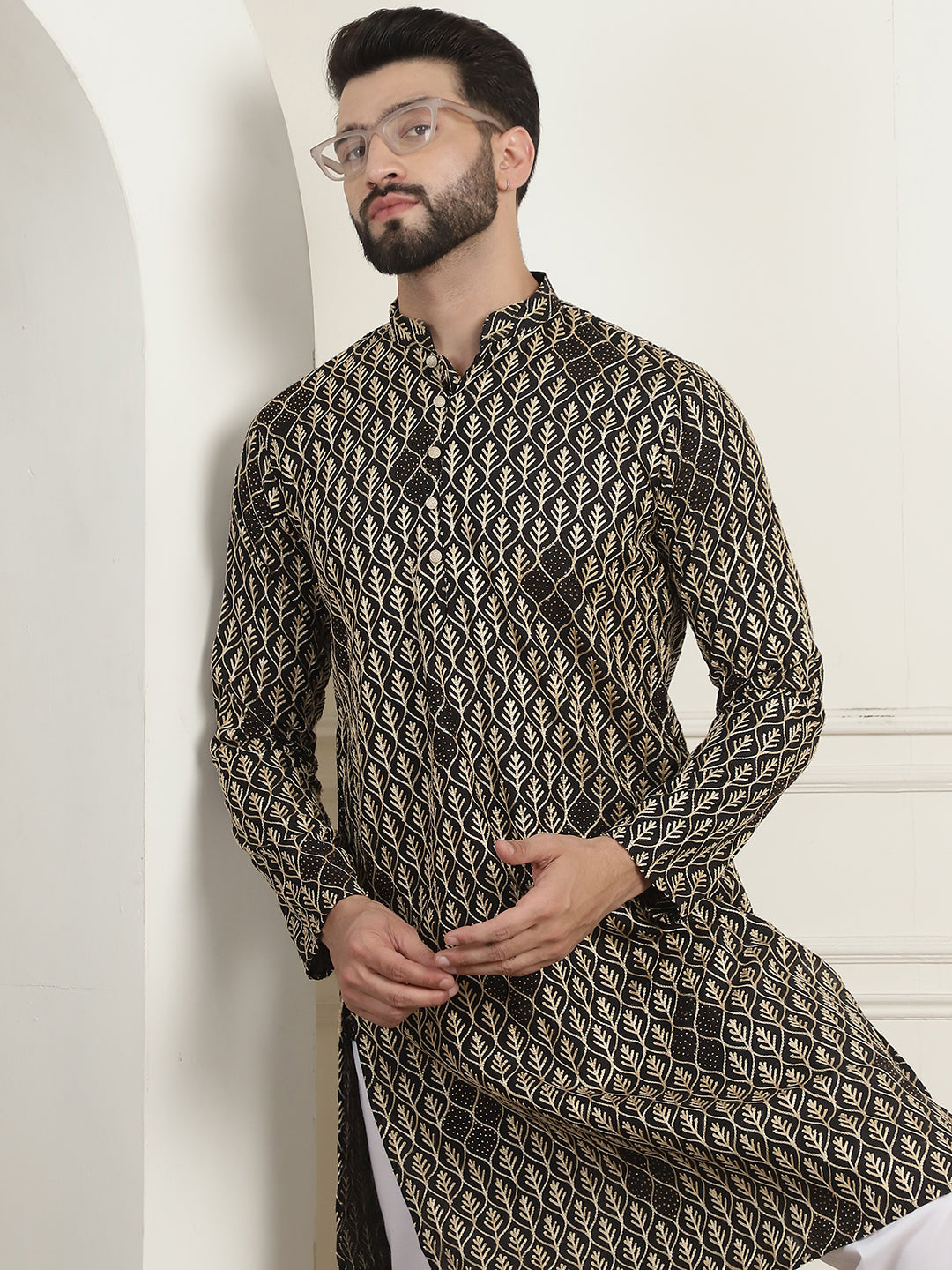 Men's Cotton Gold Thread Embroidered Black Kurta