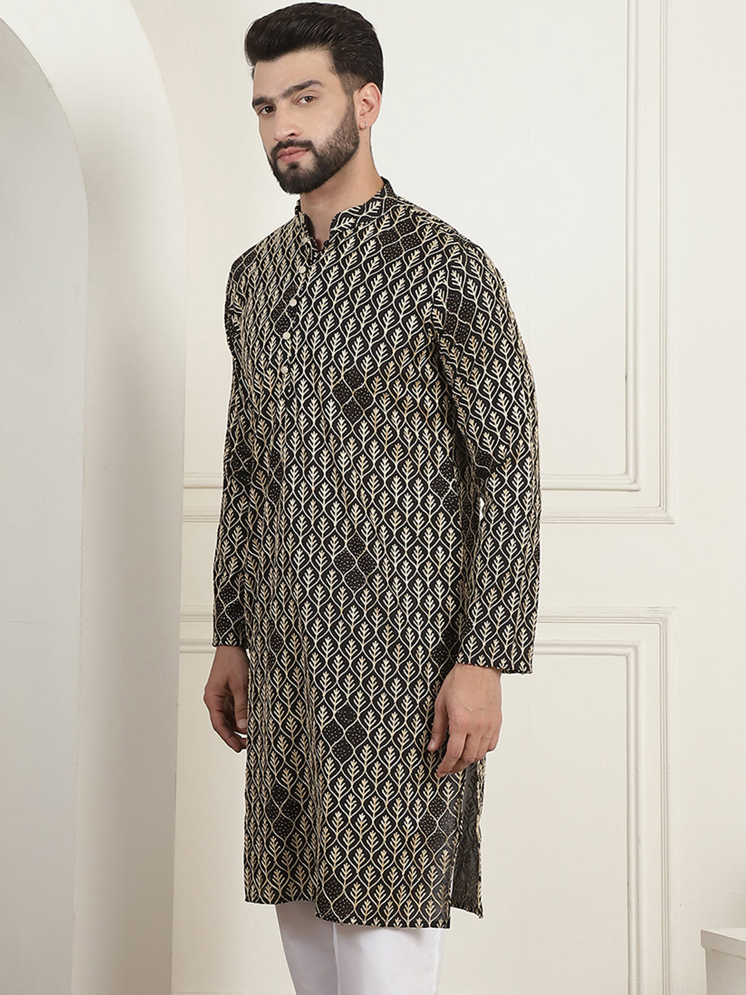 Men's Cotton Gold Thread Embroidered Black Kurta