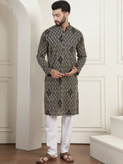 Men's Cotton Gold Thread Embroidered Black Kurta With Churidaar Pyjama