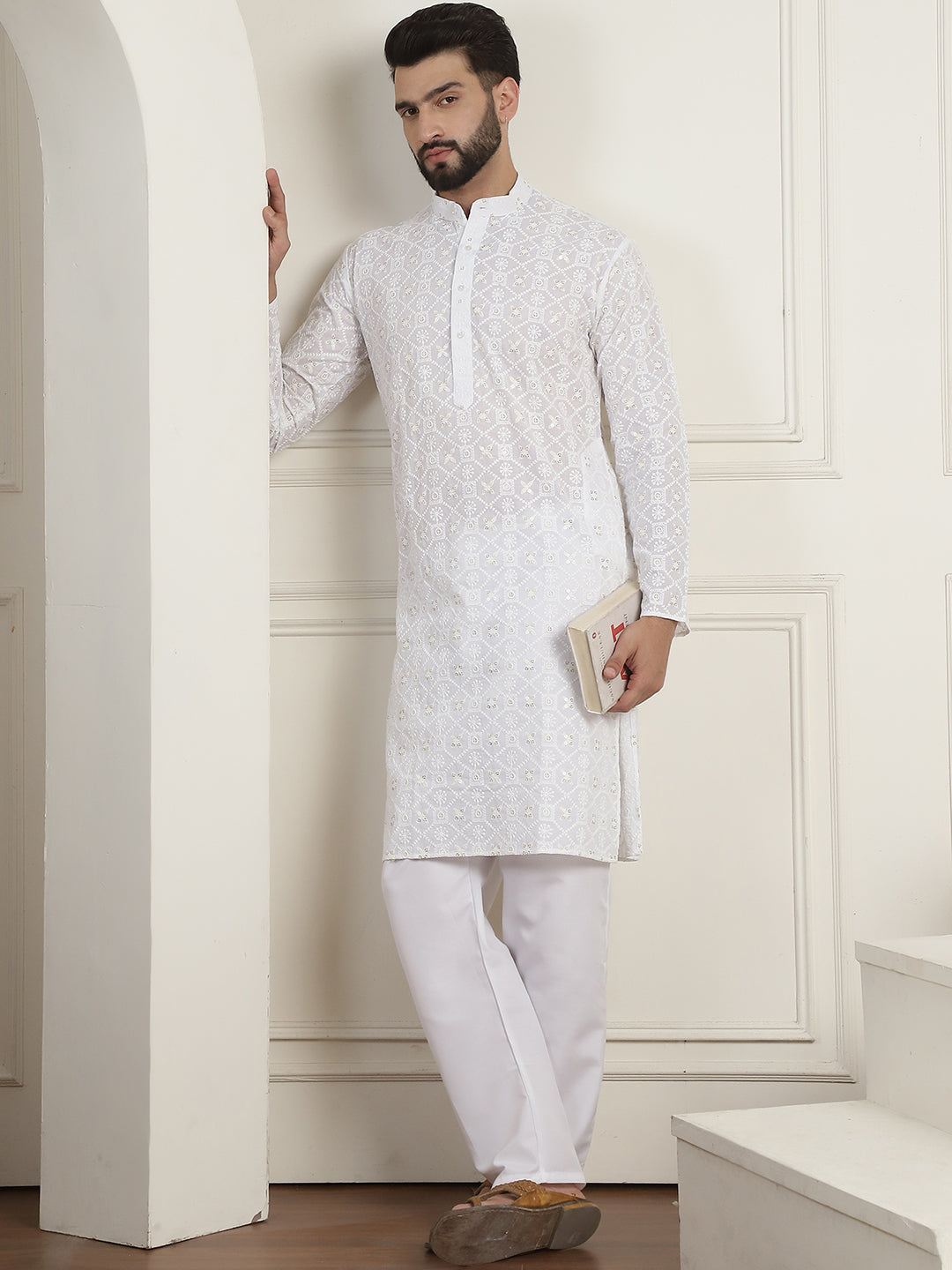 Men's Cotton Gold Sequence Embroidered White Kurta with white Churidaar Pyjama