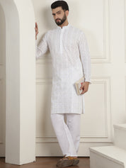 Men's Cotton Gold Sequence Embroidered White Kurta with white Churidaar Pyjama