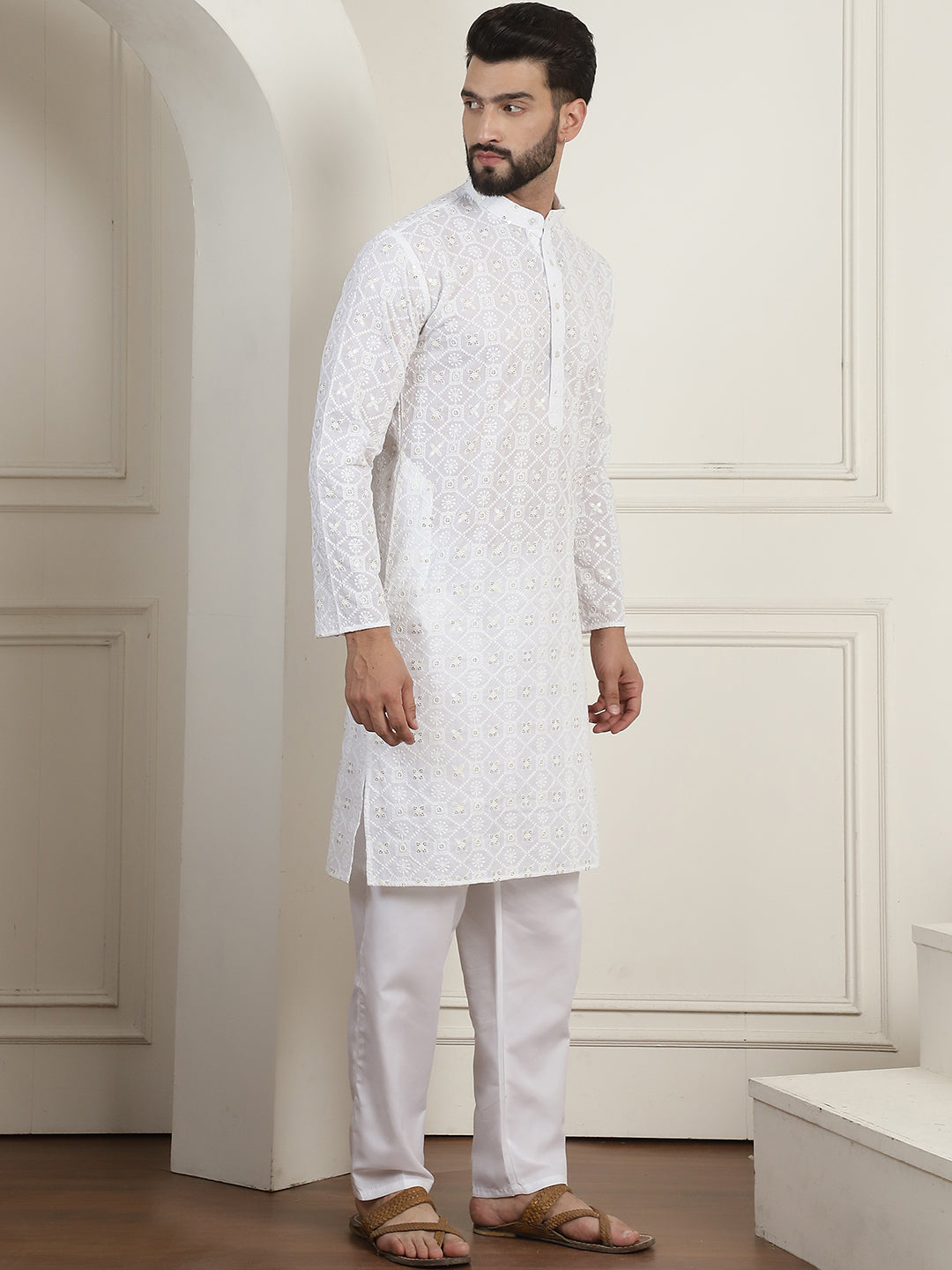 Men's Cotton Gold Sequence Embroidered White Kurta with white Churidaar Pyjama