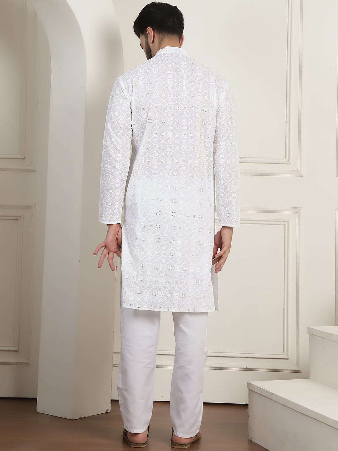 Men's Cotton Gold Sequence Embroidered White Kurta with white Churidaar Pyjama