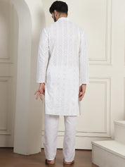 Men's Cotton Gold Sequence Embroidered White Kurta with white Churidaar Pyjama