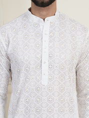 Men's Cotton Gold Sequence Embroidered White Kurta with white Churidaar Pyjama