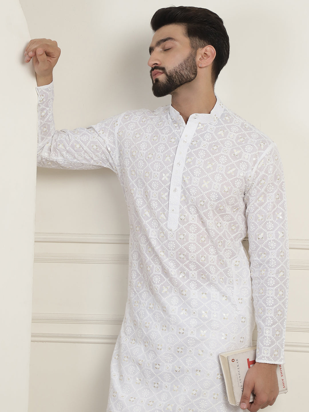 Men's Cotton Gold Sequence Embroidered White Kurta with white Churidaar Pyjama